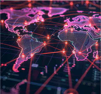 Glowing digital world map visualization with interconnected network nodes in pink and purple